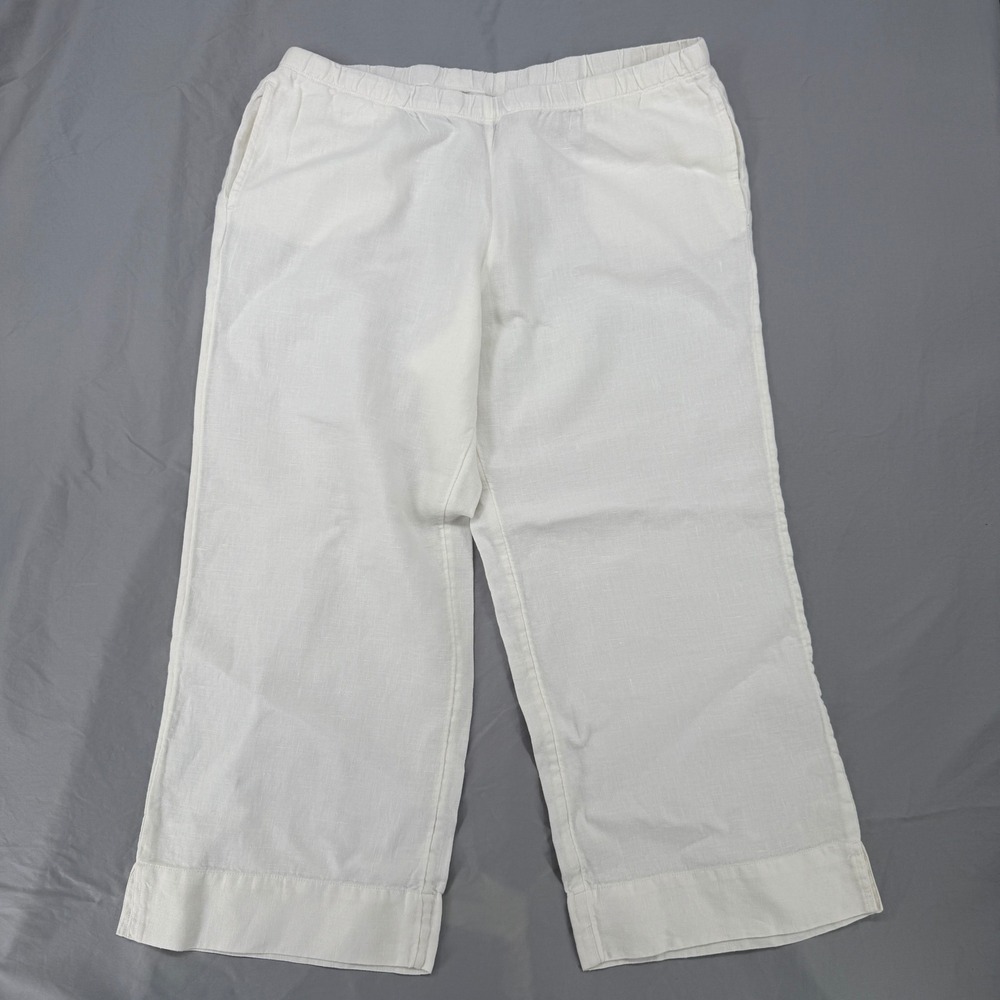 J. Jill White 100% Linen Cropped Wide Leg Pants Elastic Waist Womens Size M